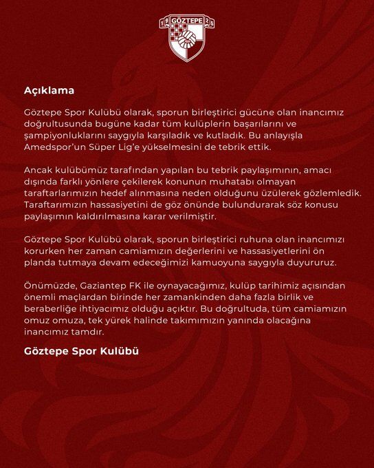 Göztepe, Amedspor için yaptığı tebrik paylaşımını sildi-1