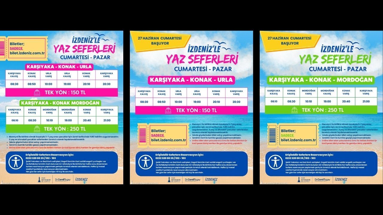 İZDENİZ AŞ’nin yaz seferleri 27 Haziran Cumartesi günü başlıyor. Karşıyaka ve Konak’tan hareket edecek gemilerle Urla ve Mordoğan’a hafta sonları günübirlik ulaşım sağlanacak. Biletler yalnızca online olarak satılacak, iskelede satış yapılmayacak. QR kodlu biniş sistemiyle gerçekleştirilecek seferler eylül ayına kadar sürecek.