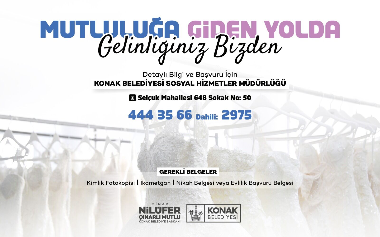 Konak Belediyesi Giysi Market, düğün sezonunda evlilik hazırlığı yapan çiftlere destek oluyor. Başvuru yapan ihtiyaç sahibi gelin adayları ücretsiz gelinlik alabiliyor.