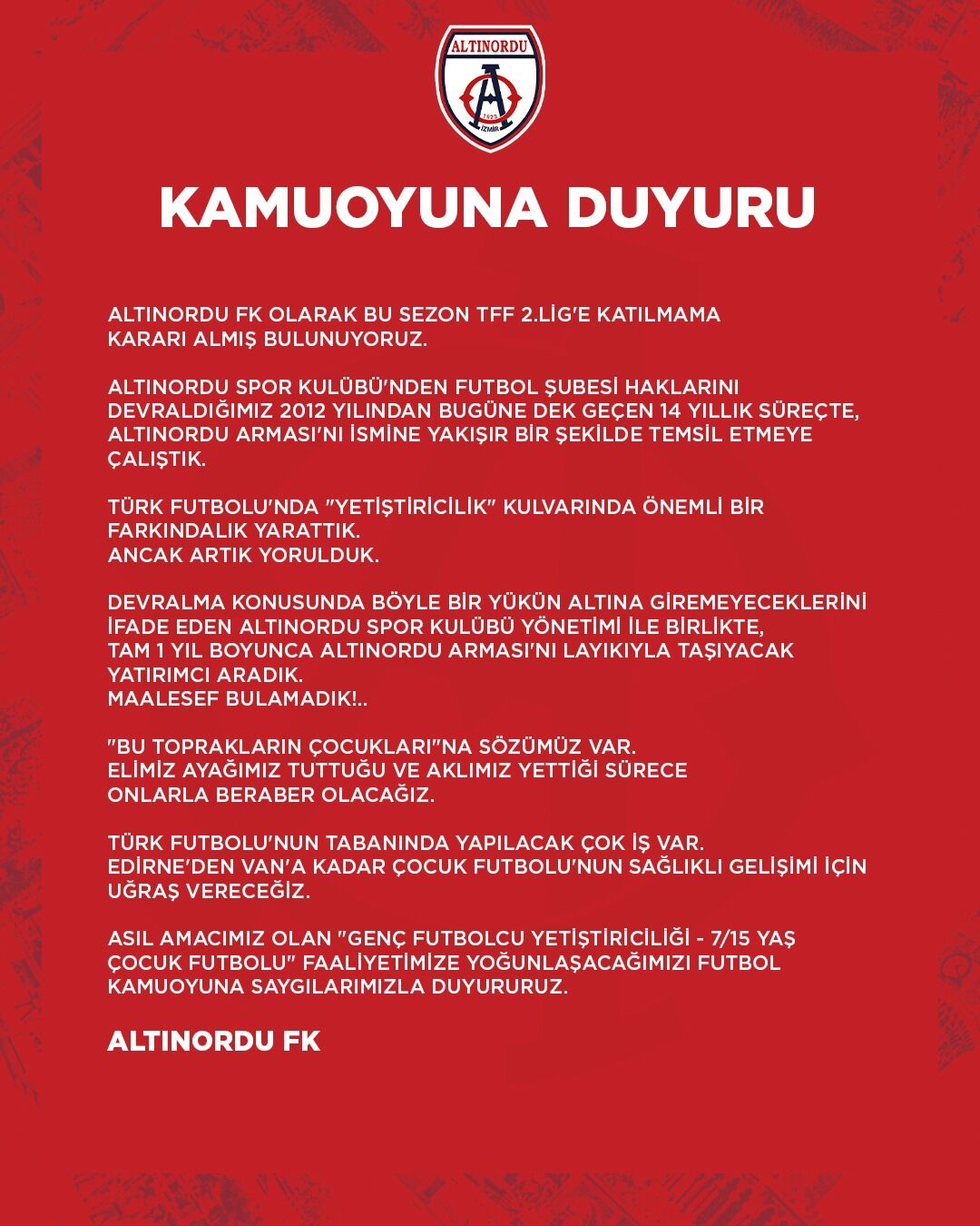 Altınordu Resmi Açıklama