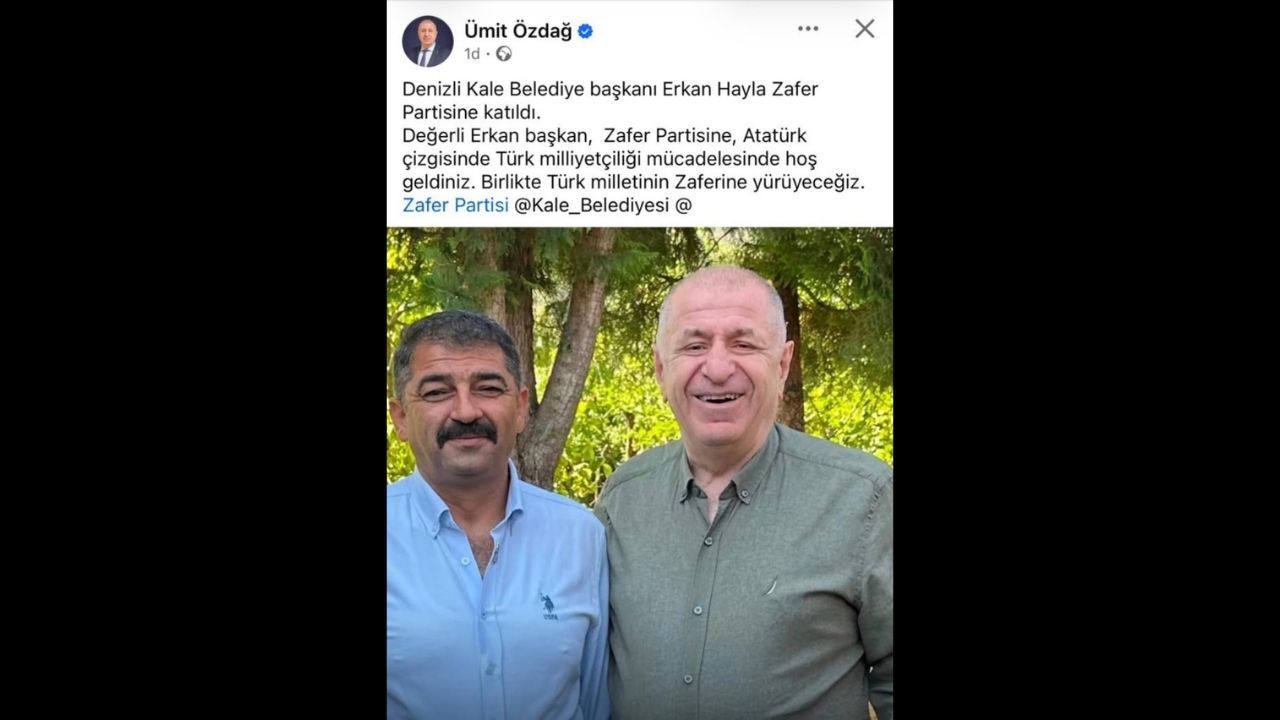 Zafer Partisi lideri Ümit Özdağ'ın "partimize katıldı" diyerek duyurduğu CHP'li Kale Belediye Başkanı Erkan Hayla, iddiaları reddetti. Tartışmaların ardından Özdağ, rozet takma fotoğraflarını sosyal medya hesabından sildi.