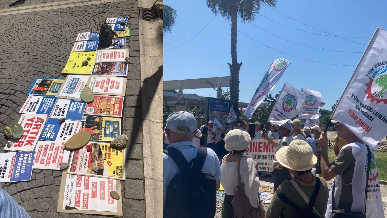 İzmir'de eylem yapan Tüm Emekliler Sendikası, kök aylık oyunlarına son verilmesini isteyerek "Nefes alabilmemiz ve insanca yaşayabilmemiz için her maaşa derhâl 20 bin TL seyyanen zam yapın!" diye çağrıda bulundu.