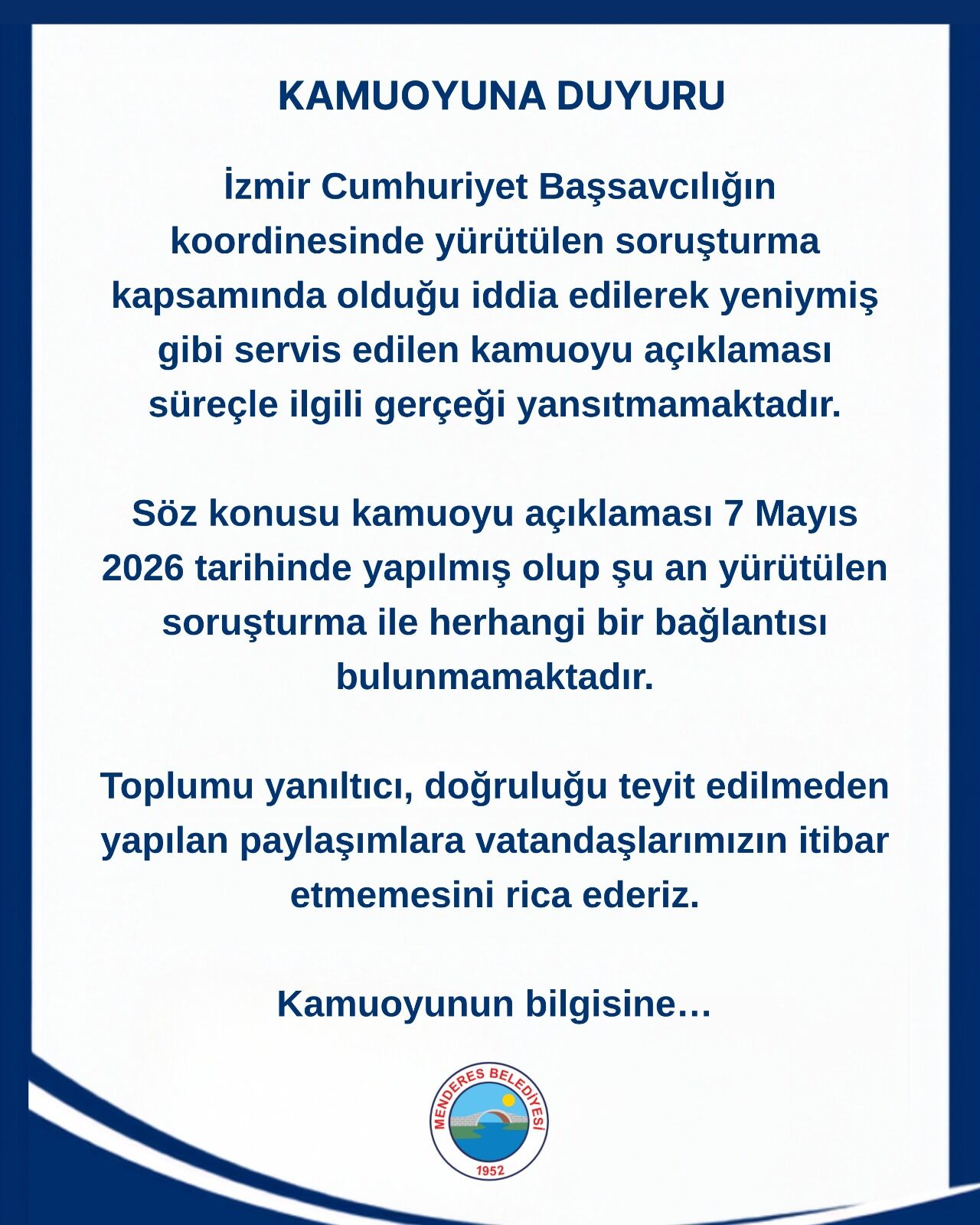 Menderes Belediyesi'nden 'Eski Açıklama' Uyarısı Soruşturmayla Ilgisi Yok
