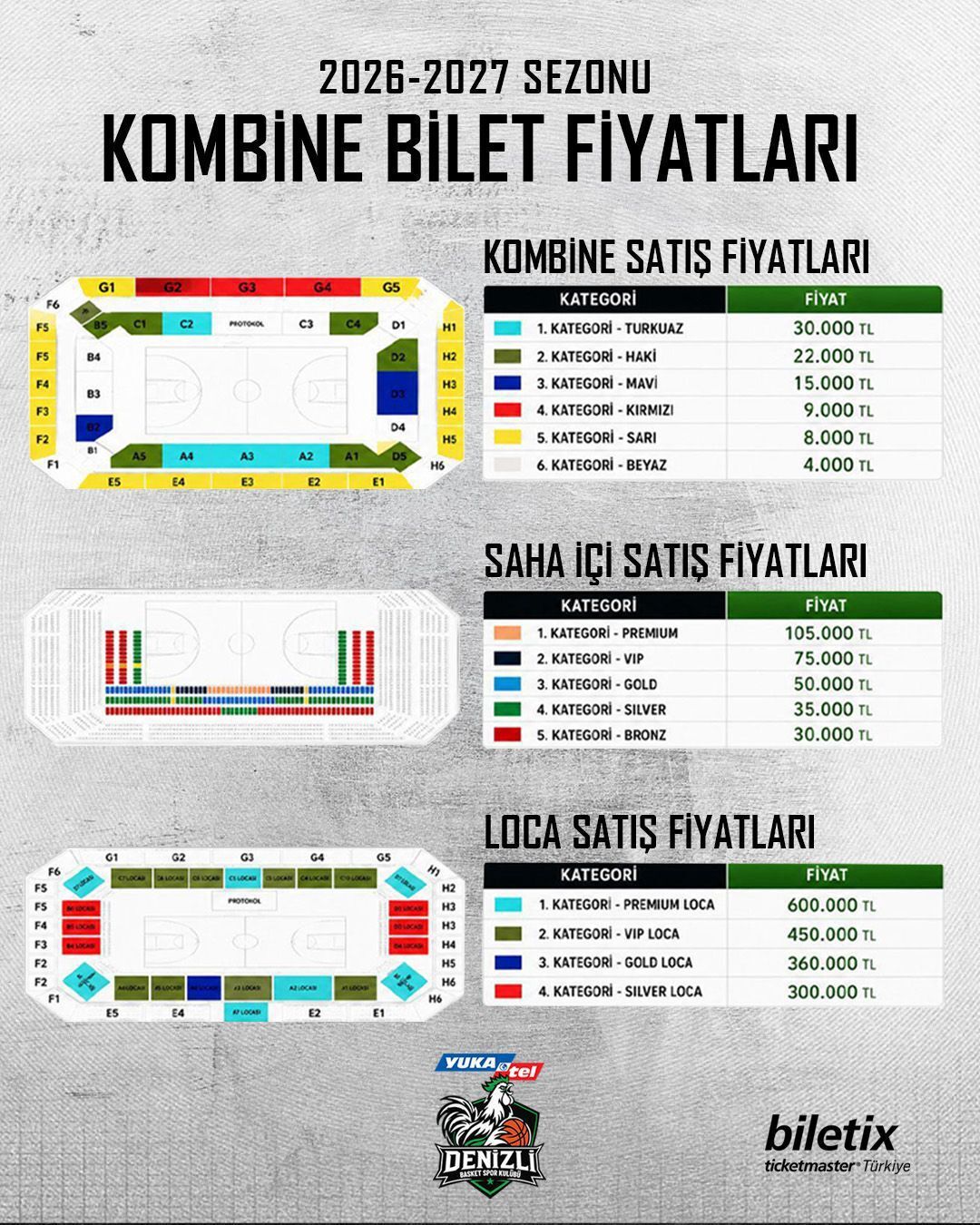 2026-2027 sezonu kombine biletleri satışa çıktı! Lig ve Avrupa heyecanını kapsayan kombineler 4 bin TL ile 30 bin TL, saha içi biletler 30 bin TL ile 105 bin TL arasında değişen fiyatlarla Biletix'te.